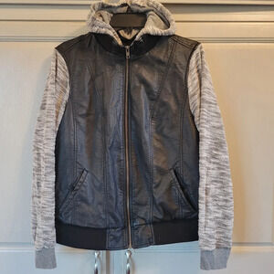 Torrid Black Faux Leather & Marbled Gray Terry Bomber Jacket